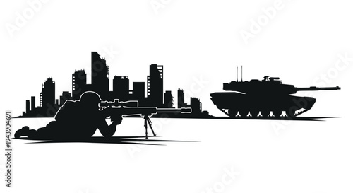 Sniper aiming at tank in front of city skyline silhouette, war concept