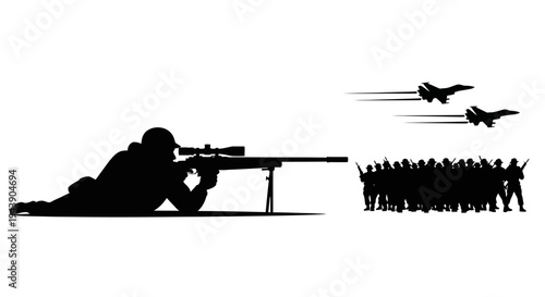 Sniper Aiming at Soldier Formation with Fighter Jets Flying Overhead Silhouette