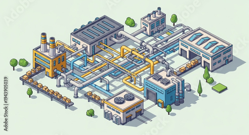 Industrial factory complex with buildings.