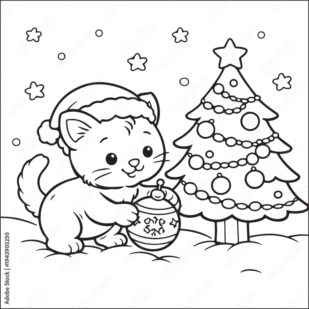 Fototapeta premium Cute Baby Reindeer with Scarf by Decorated Christmas Tree - Christmas Coloring Page Line Art