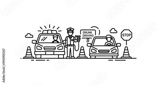 Police Checkpoint Road Inspection Traffic Control Security Illustration