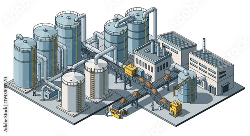 Industrial factory complex with buildings.