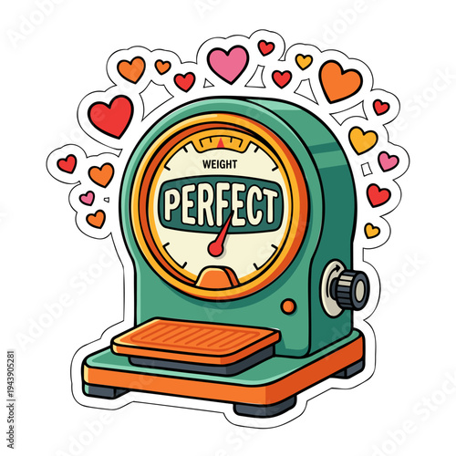 Retro Weight Scale with Perfect Reading and Heart Icons, Health and Wellness Concept, Flat Design, Vibrant Colors