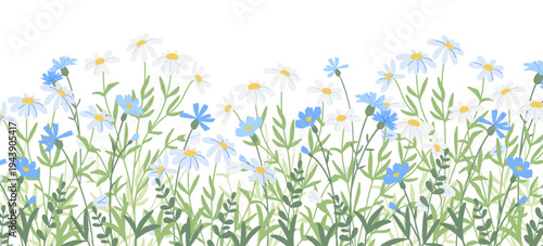 Spring Summer horizontal border with a cute pattern of hand drawn blooming flowers. Field of daisies and cornflowers. Floral botanical vector illustration