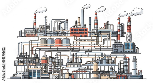 Industrial Factory Complex With Smokestacks.