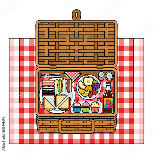 Picnic Basket Full of Food and Drinks on Red Gingham Blanket, Vector Illustration