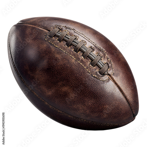 Vintage american football with weathered brown leather texture, antique sports equipment for classic game memorabilia, rustic leather football with traditional laces and worn patina finish