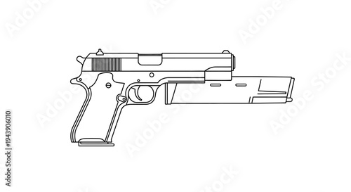 Line Art Drawing of a Semi-Automatic Pistol with Extended Magazine
