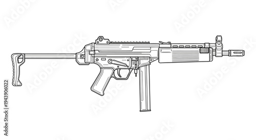 Line Art Drawing of a Modern Submachine Gun with Collapsible Stock