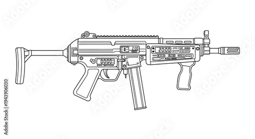 Line Art Illustration of a Compact Submachine Gun with Collapsible Stock