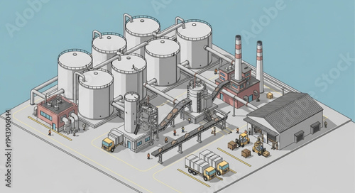 Industrial factory complex with tanks.