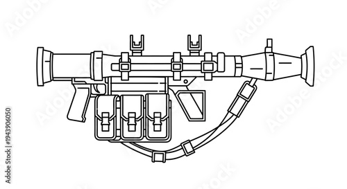 Line Art Illustration of a Rocket Propelled Grenade Launcher with Ammo Pouches