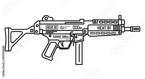 Line Art Illustration of a Submachine Gun with Tactical Features