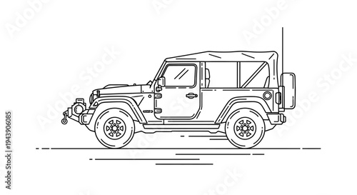 Line Art Illustration of a Rugged Off-Road Jeep Wrangler with Soft Top