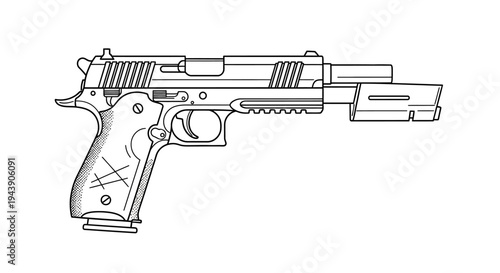 Line Art Illustration of a Tactical Pistol with Suppressor and Rail System