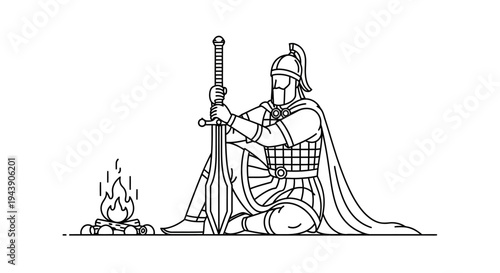 Medieval Knight Sitting by Campfire with Sword, Warrior Resting, Historical Illustration