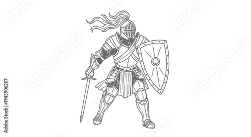 Medieval Knight Warrior in Full Armor Holding Sword and Shield, Vintage Sketch Style