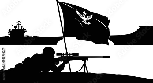 Sniper soldier aims rifle on beach, military ship and flag in background, silhouette