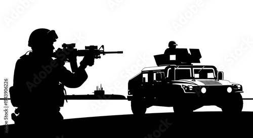 Soldier Aiming Rifle Beside Humvee with Submarine in Background, Military Operation