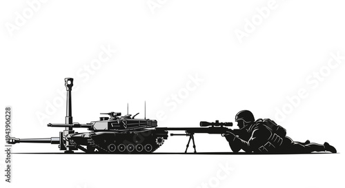 Soldier Aiming Sniper Rifle Next to Advanced Military Tank on White Background