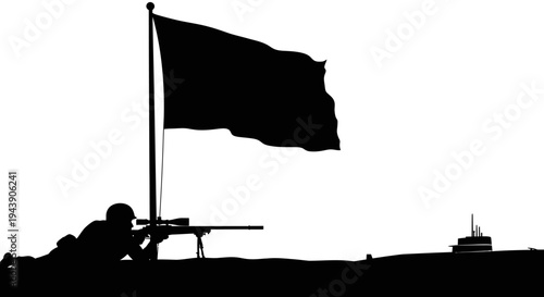 Soldier aiming sniper rifle under waving flag, silhouette of war and conflict