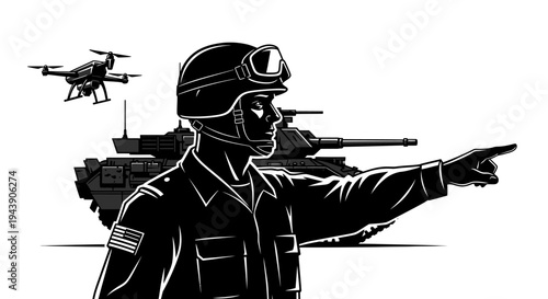 Soldier Directing Drone and Tank, Modern Warfare Technology Concept