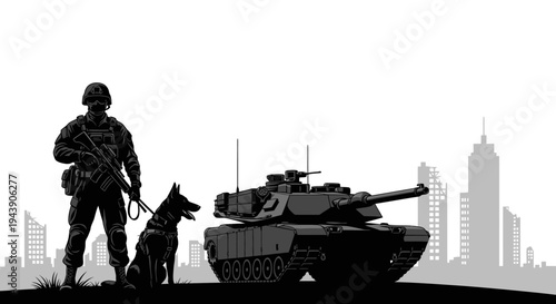 Soldier and Military Dog Guarding Tank in Ruined Cityscape