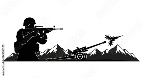 Soldier firing artillery gun in mountains, military combat, war, army, conflict, action
