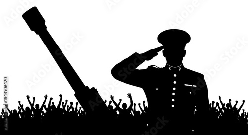 Soldier Saluting Beside Artillery Gun with Crowd Cheering