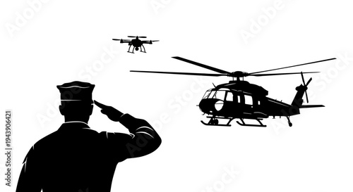Soldier saluting drone and helicopter, military technology, aerial surveillance
