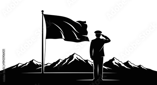 Soldier Saluting Flag on Mountain Landscape