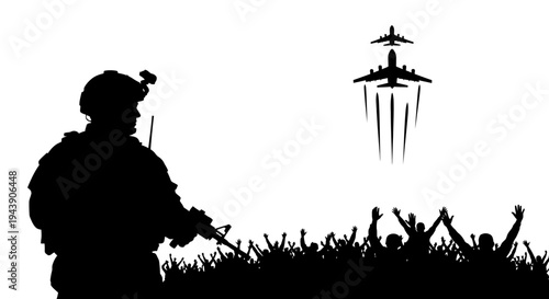 Soldier Silhouette with Cheering Crowd and Military Jets Flying Overhead