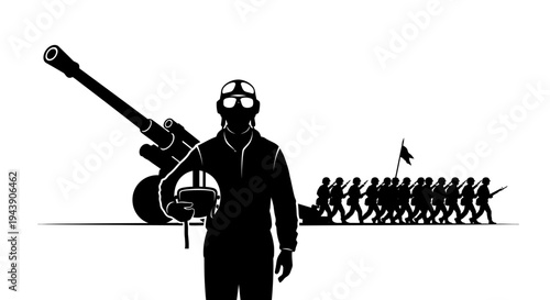 Soldier with Artillery and Marching Troops Silhouette - Military Power Concept