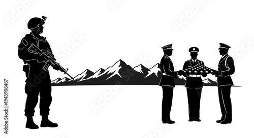 Soldier Standing Guard, Flag Folding Ceremony, Mountain Background, Military Honor