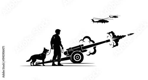 Soldier with Dog and Firing Cannon, Helicopter Overhead