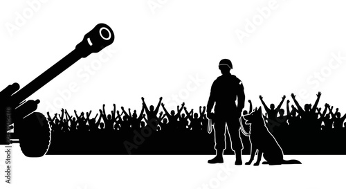 Soldier with Dog and Crowd Silhouette, Military, Support, Freedom
