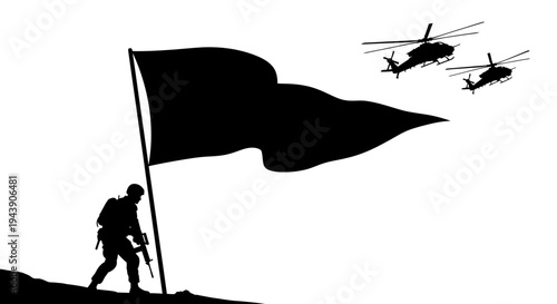 Soldier with Black Flag and Helicopters Silhouette