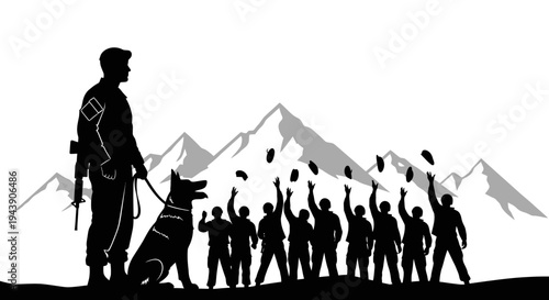 Soldier with Dog and Group of People Celebrating in Mountains