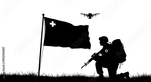 Soldier with Drone and Flag Silhouette, Military Surveillance and Technology