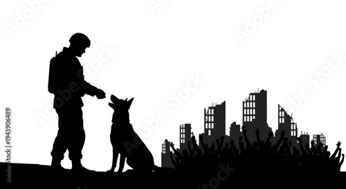 Soldier with Dog in Ruined City Silhouette