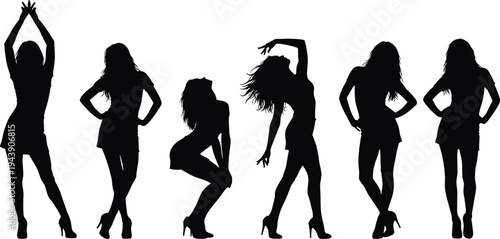 Sexy female dance silhouettes, stylish women posing, fashion model shapes, nightclub dance poses, elegant feminine figures, isolated black silhouettes collection