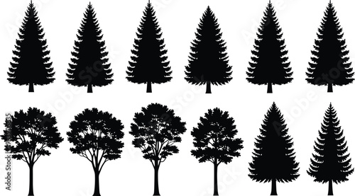 Tree silhouettes set, pine and forest trees collection, nature landscape elements, botanical shapes, outdoor environment vector illustration pack

Keywords (all in one line with commas