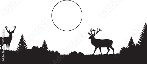 A simple silhouette illustration of a deer standing in a forest with antlers, representing wildlife and nature in a clean black and white style