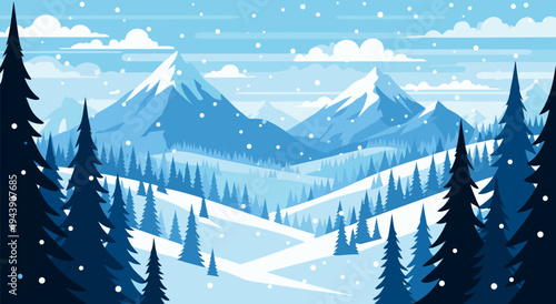 Winter landscape vector illustration with snow falling on mountains and pine trees