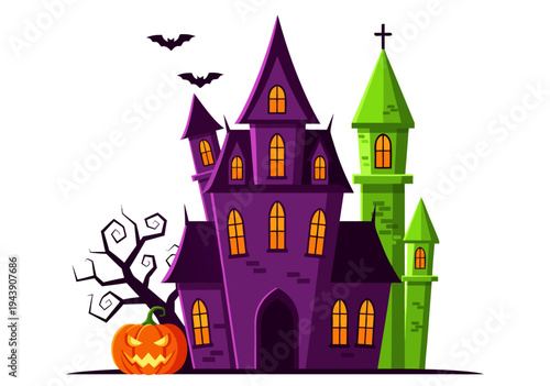 Halloween haunted house vector illustration with pumpkin, bats, and spooky trees, perfect for festive designs and decorations