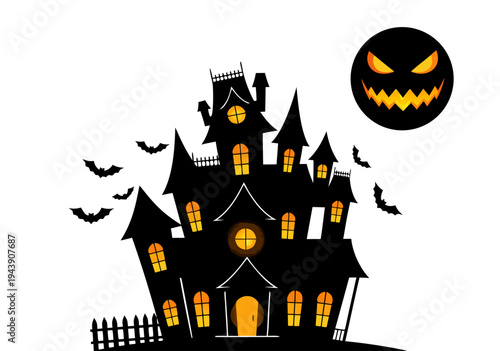 Spooky Haunted House Vector Illustration with Bats and a Jack-o'-Lantern Moon for Halloween