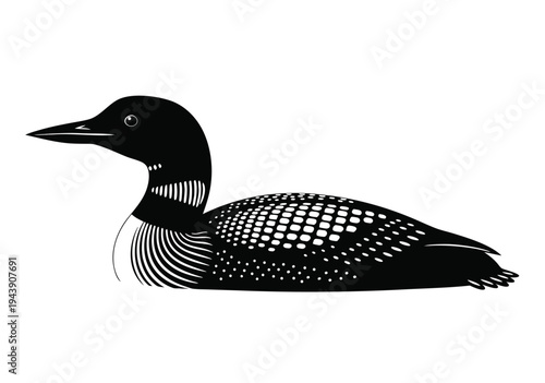 Black and White Vector Illustration of a Loon Bird Swimming, Minimalist Line Art for Design
