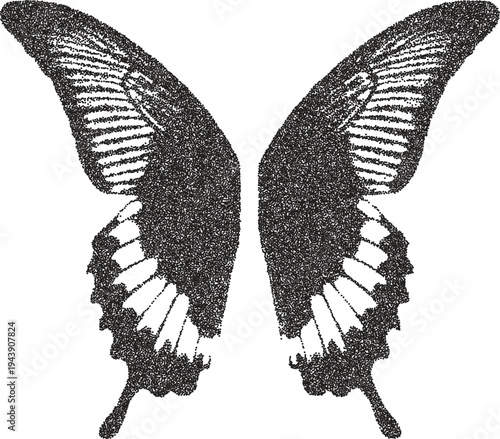 Butterfly vintage y2k stipple art, wings halftone stipple brutalist retro vector png with transparent background, flutter 2000s aesthetic photocopy effect tattoo