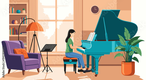A captivating vector illustration of a young woman playing a grand piano in a sunlit living room, creating a peaceful and inspiring atmosphere for music lovers and home decor enthusiasts
