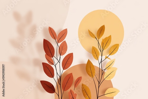 Abstract Autumnal Foliage Illustration with Warm Tones Shadow Play and Geometric Shapes